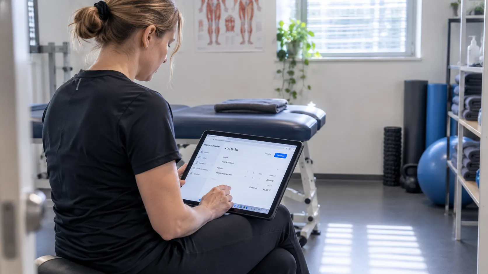 A physiotherapist creating an invoice on a tablet in their treatment room, using the Haimoo Invoice new-invoice view.