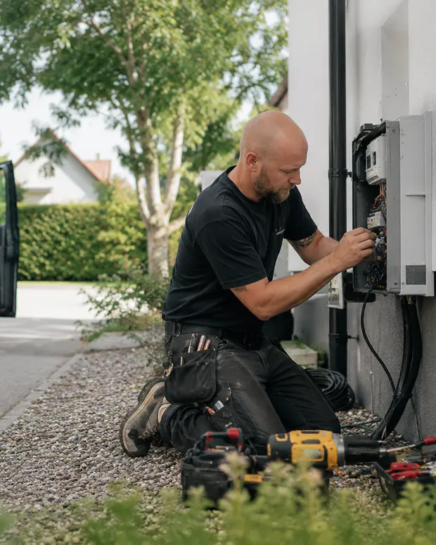 An electrician wiring a fuse box outside a house, with the van open behind.