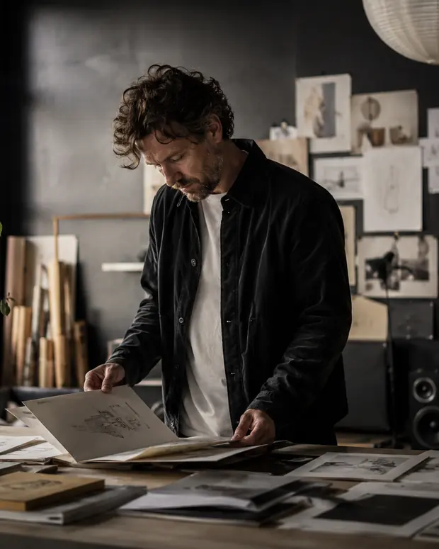 A designer going through sketches and prints on the studio table.